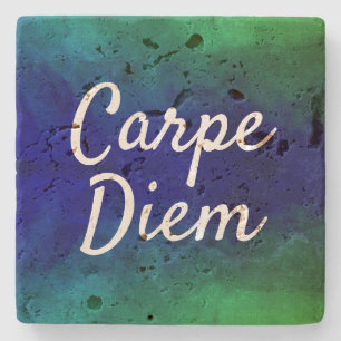 Carpe Diem Motivational Quote Blue & Green Ombre Stone Coaster
