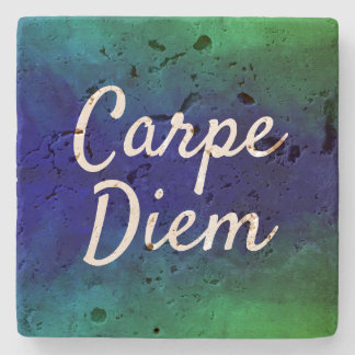 Carpe Diem Motivational Quote Blue & Green Ombre Stone Coaster