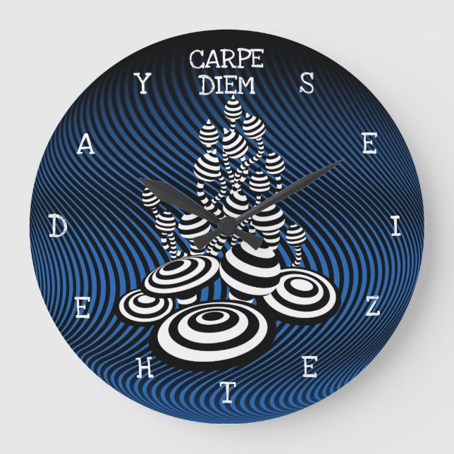 Carpe Diem seize the day Magic Mushroom blue. Large Clock (Front)