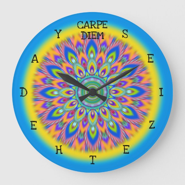 Carpe Diem seize the day Mandala wall clock. Large Clock (Front)