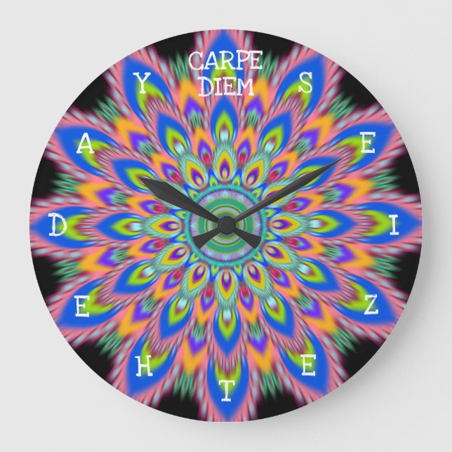 Carpe Diem seize the day Mandala wall clock. Large Clock (Front)