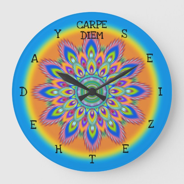 Carpe Diem seize the day Mandala wall clock. Large Clock (Front)