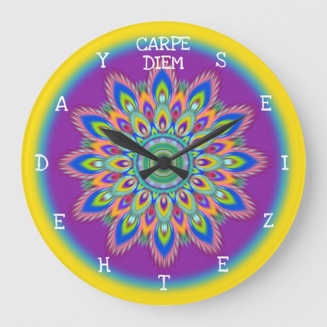Carpe Diem seize the day Mandala wall clock. Large Clock (Front)