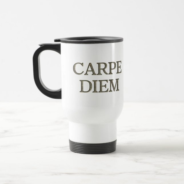 Carpe Diem Stone white travel mug (Left)