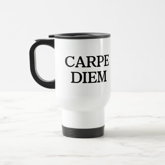Carpe Diem white travel mug (Left)