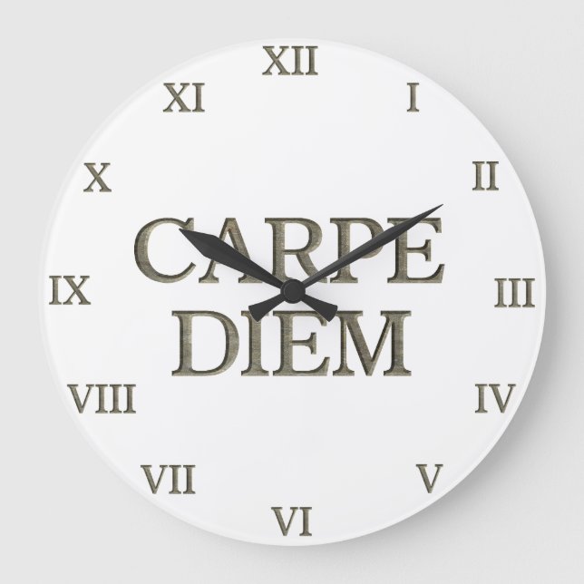 Carpe Diem white wall clock roman numerals (Front)