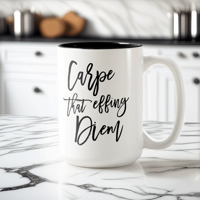 Carpe That Effing Diem Brush Lettered Quote Two-Tone Coffee Mug (Creator Uploaded)