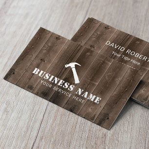 Carpenter Hammer Logo Rustic Wood Background Business Card