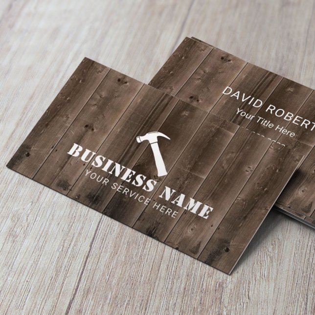 Carpenter Hammer Logo Rustic Wood Background Business Card (Creator Uploaded)