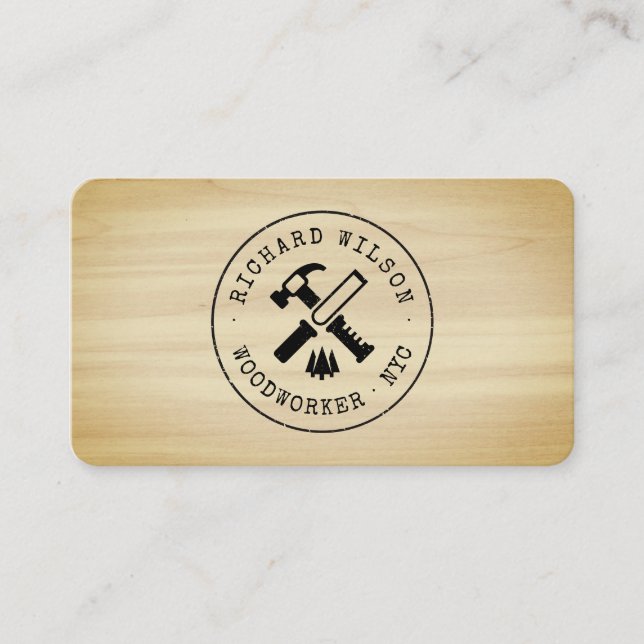 Carpenter logo rustic wood grain look professional business card (Front)