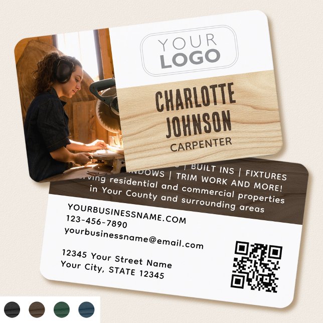 Carpenter Photo Logo Rustic Woodgrain Brown Modern Business Card (Creator Uploaded)