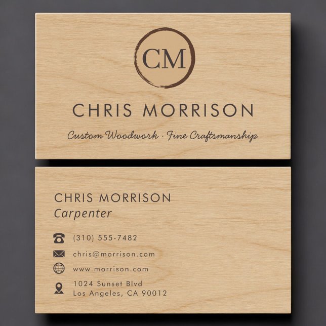 Carpenter Rustic Wood Monogram Professional Business Card (Creator Uploaded)