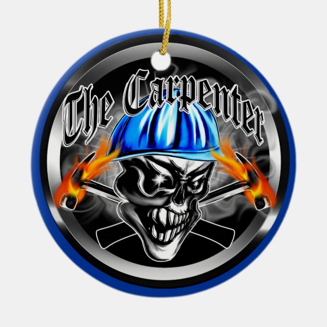 Carpenter Skull with Blue Hard Hat Ceramic Tree Decoration (Front)