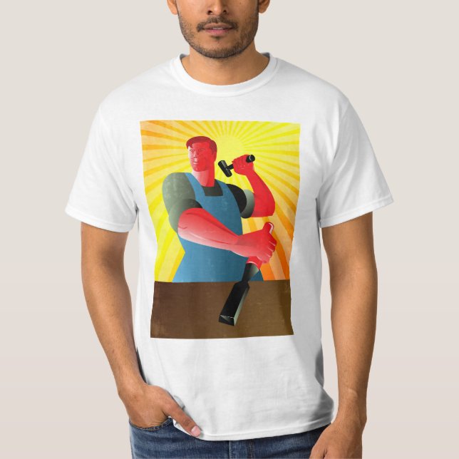 Carpenter Striking Hammer Chisel Poster Retro T-Shirt (Front)