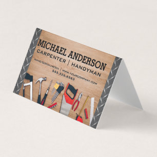 Carpenter Tools on Wooden Table Metal Steel Business Card