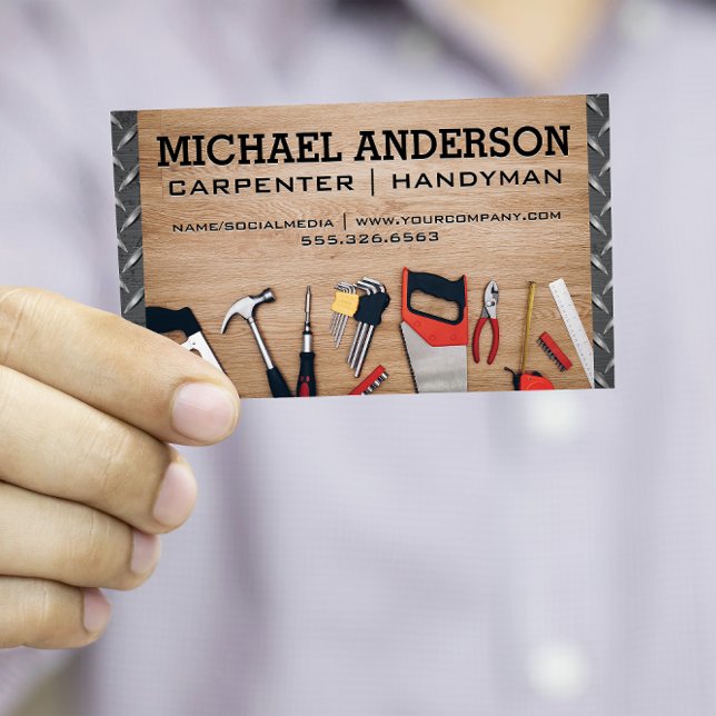 Carpenter Tools on Wooden Table | Metal Steel Business Card (Creator Uploaded)