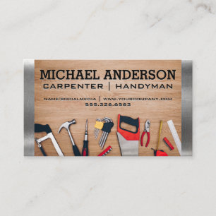 Carpenter Tools on Wooden Table Metal Trim Business Card