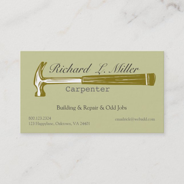 Carpenter Woodwork Wood Hammer Cosntruction Business Card (Front)