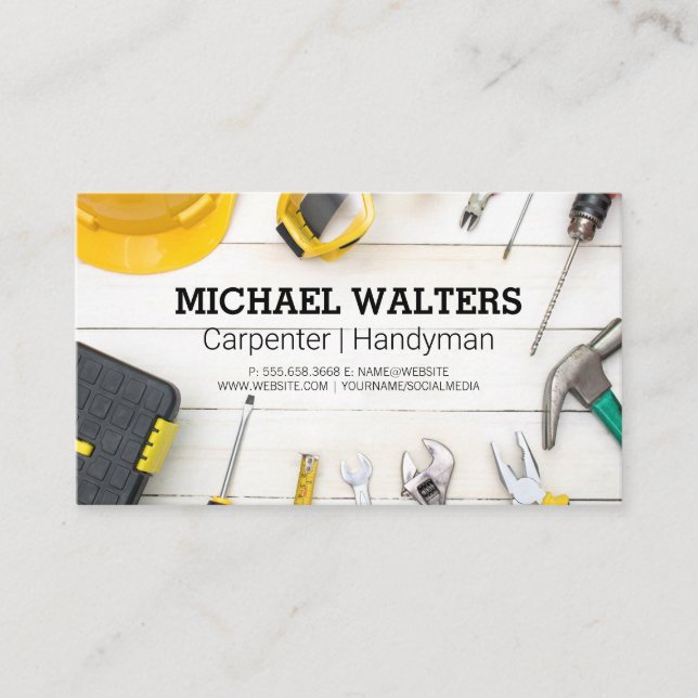 Carpentry Building Tools on Wood Table Business Card (Front)
