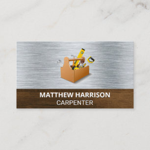 Carpentry Tool Box   Metal and Wood Background Business Card