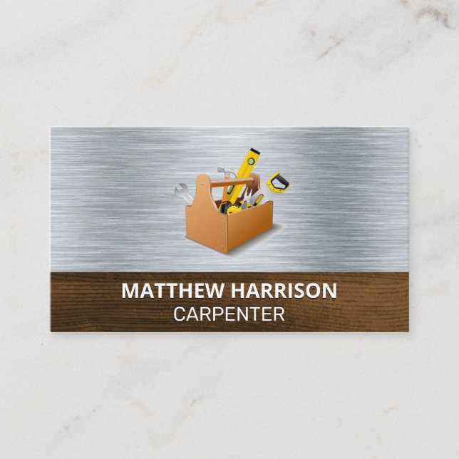 Carpentry Tool Box | Metal and Wood Background Business Card (Front)