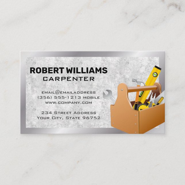 Carpentry Tool Box | Silver Metallic Border Business Card (Front)
