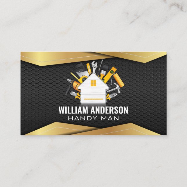 Carpentry Tools and Gold Black Metal Business Card (Front)