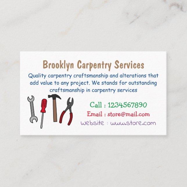 Carpentry tools cartoon illustration  business card (Front)