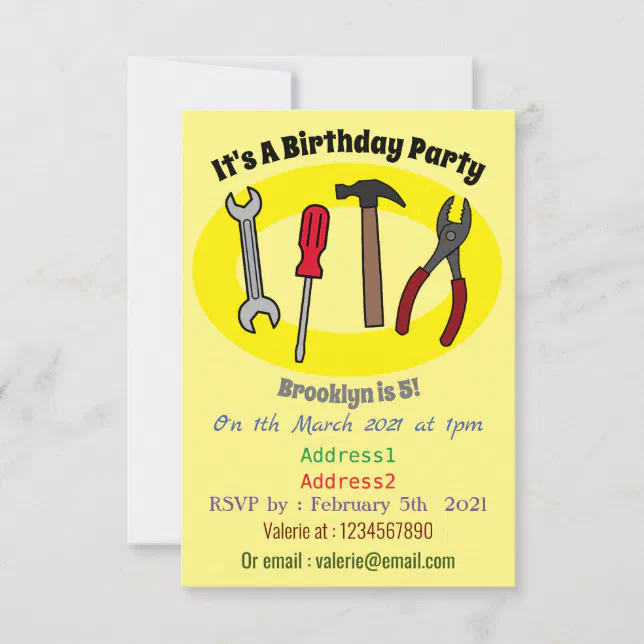 Carpentry tools cartoon illustration invitation | Zazzle