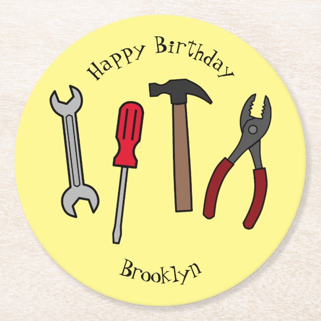 Carpentry tools cartoon illustration round paper coaster (Front)