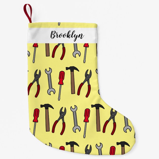 Carpentry tools cartoon illustration small christmas stocking (Front)