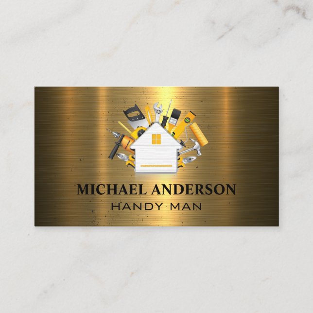 Carpentry Tools Home Icon | Gold Metallic Business Card (Front)