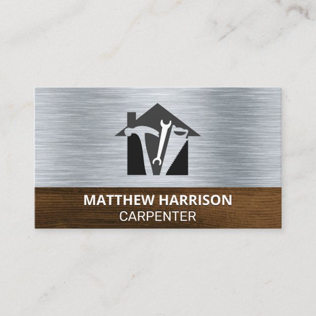 Carpentry Tools Icon | Metal and Wood Background Business Card (Front)