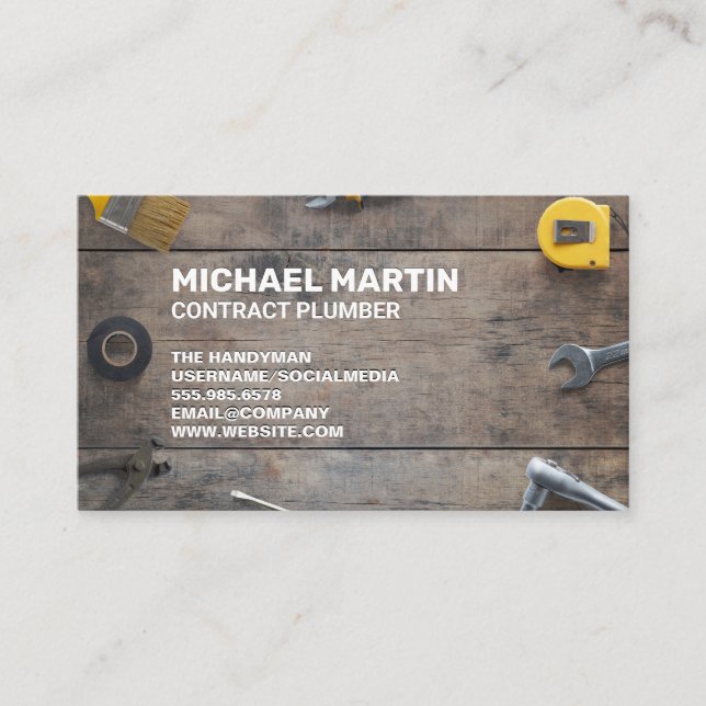 Carpentry Tools Laid out on Wood Table Business Card (Front)