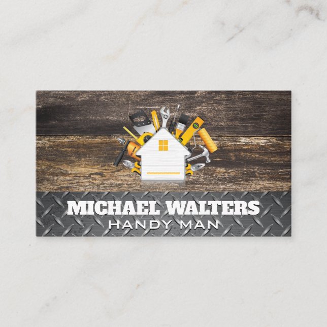 Carpentry Tools | Wooden Boards Steel Business Card (Front)