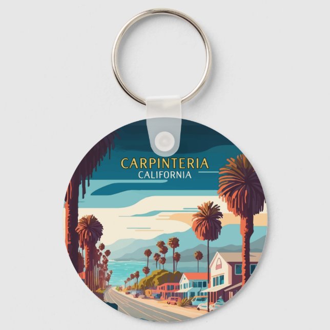 Carpinteria California Sunset Palm Trees Retro  Key Ring (Front)