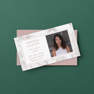 Carrara Marble Faux Rose Gold Photo Business Card