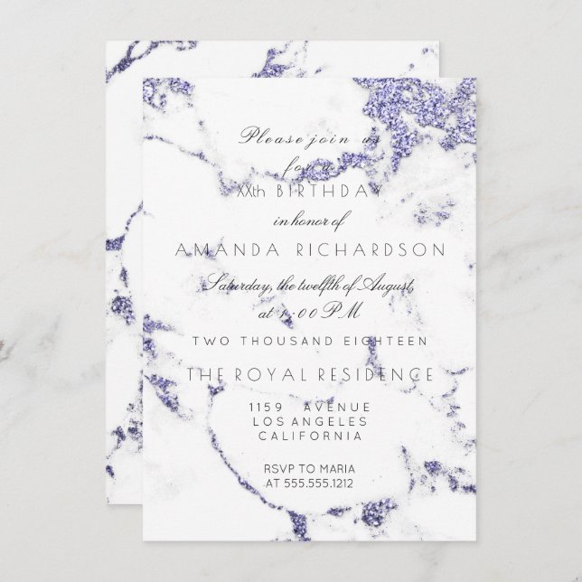 Carrara White Marble Indigo Navy Glitter Elegant Invitation (Front/Back)