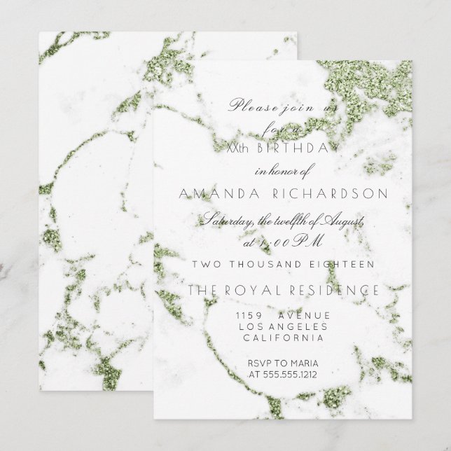 Carrara White Marble Mint Green Glitter Birthday Invitation (Front/Back)