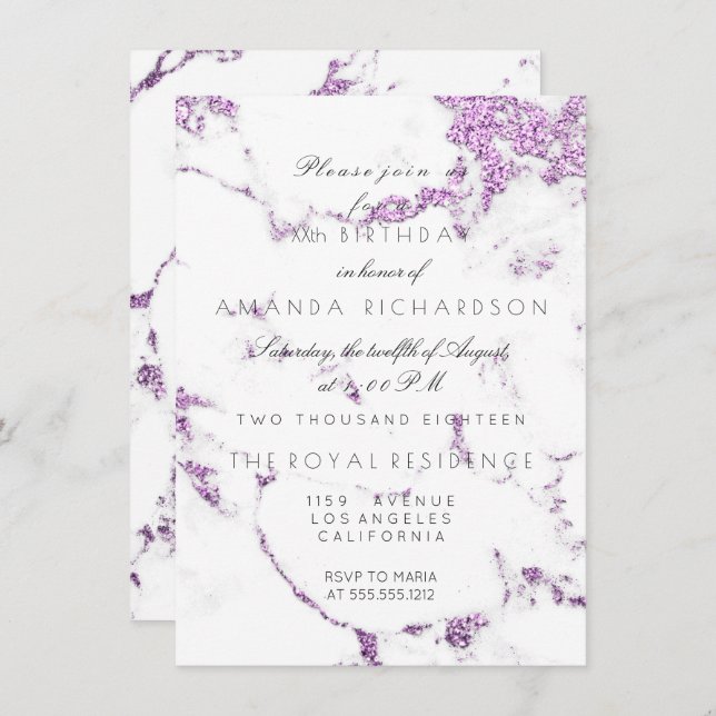 Carrara White Marble Purple Lavend Glitter Elegant Invitation (Front/Back)