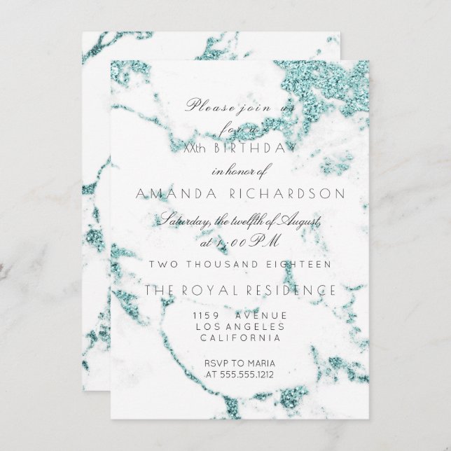 Carrara White Marble Tiffany Aqua Glitter Birthday Invitation (Front/Back)