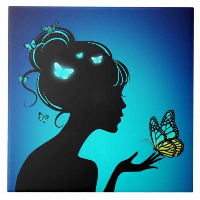 Carreau The woman butterflies blue Tile (Front)