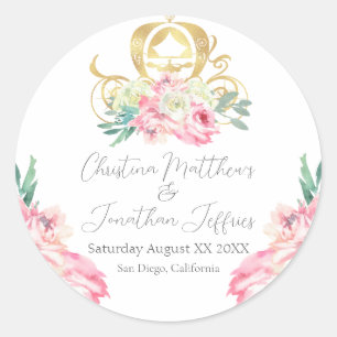 Carriage and Pink Flowers Fairy Tale Wedding Classic Round Sticker