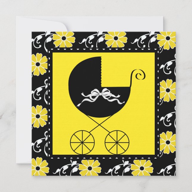 Carriage Black Yellow Baby Shower Invitations (Front)