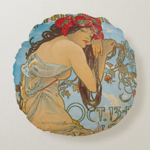 Carriage Dealers by Alphonse Mucha (1902) Round Cushion