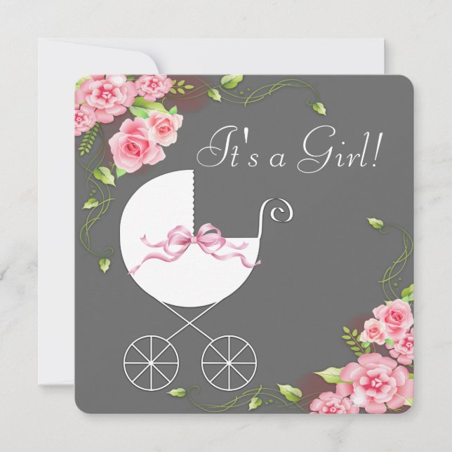 Carriage Grey Pink Rose Baby Shower Invitations (Front)