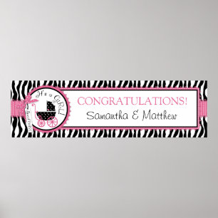 Carriage, Zebra Print, Hot Pink Baby Shower Banner Poster