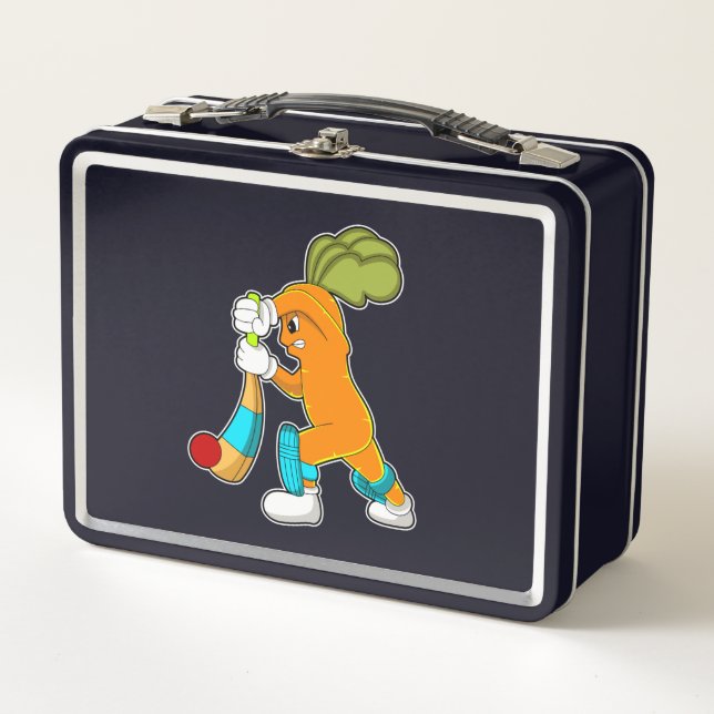 Carrot at Cricket with Cricket bat Metal Lunch Box (Front)