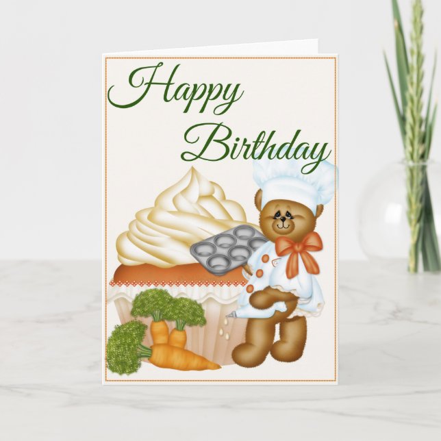Carrot Cake Cupcake Bear Baker Happy Birthday Card (Front)