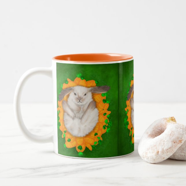 Carrot Haven: Brown and White Bunny's Blissful Bou Two-Tone Coffee Mug (With Donut)
